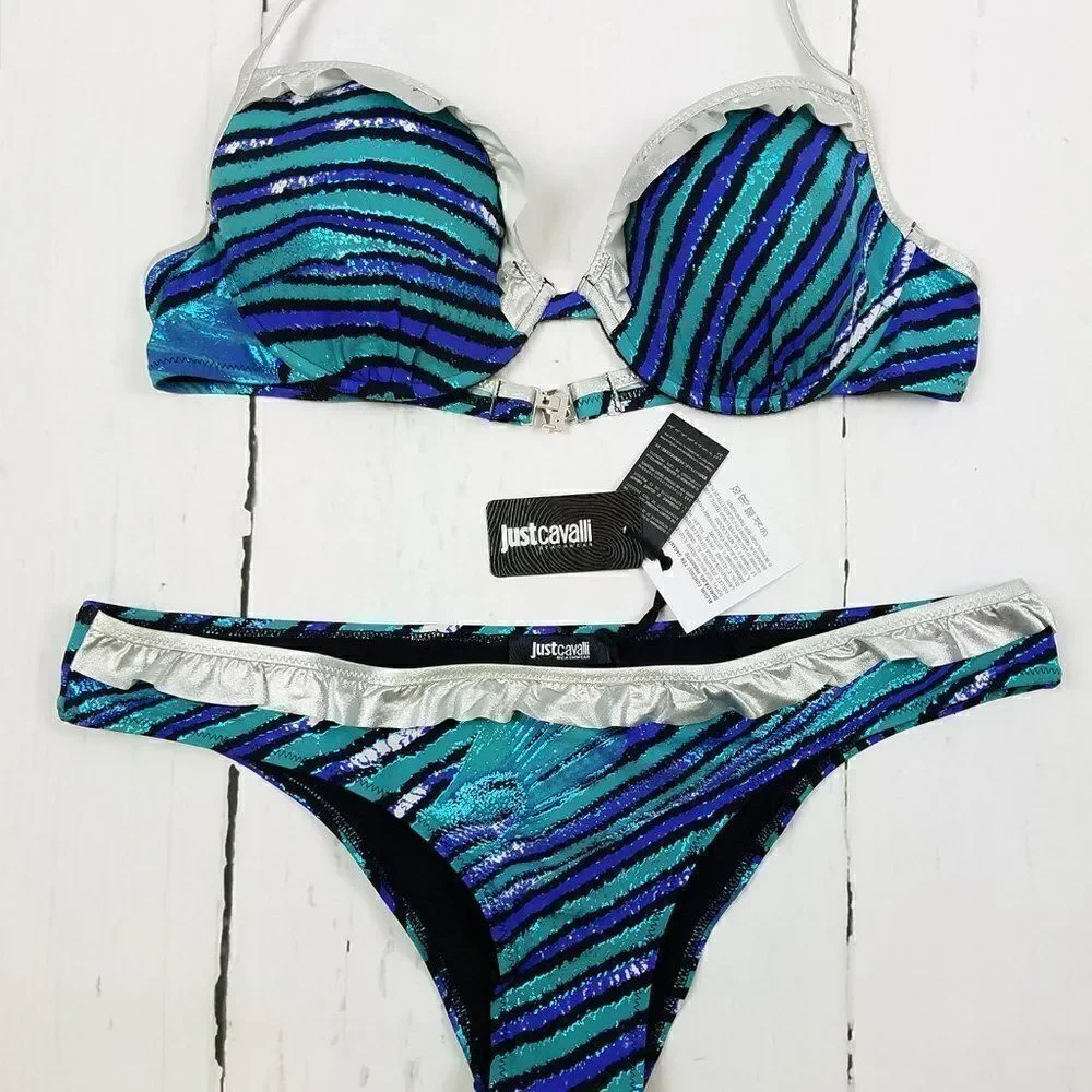 New Just Cavalli Women Stretch Bikini Blue Silver Push-Up Two Piece Swimsuit - Picture 2 of 12
